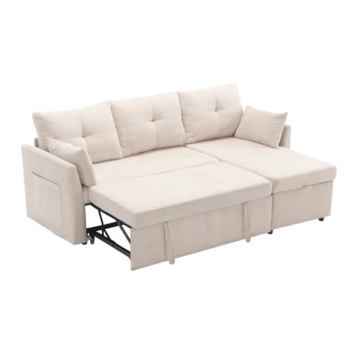 Sofá Cama Modular Esquinero en L con Chaise Longue Reversible, Almacenamiento Integrado y Cojines Decorativos, Tejido de Terciopelo Suave, Diseño Moderno Multifunción, Beige