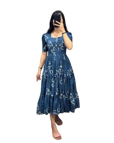 Image of Modestouze Attires Women's Paisley Pattern Rayon Midi Dress with Half Puff Sleeve Round Neck Calf Length and Pull On Closure Type