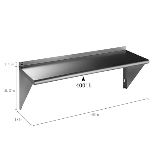 Image of ROCKPOINT Stainless Steel Shelf 18 x 48 Inches 400lb, 2 Pack NSF Commercial Wall Mount Floating Shelving with Backsplash for Restaurant, Kitchen, Home and Hotel, Silver