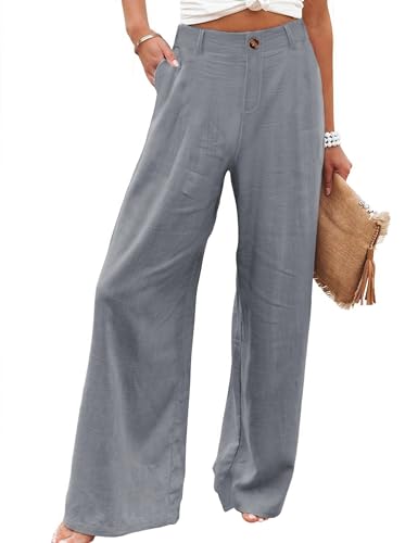 Hooever Womens Cotton Linen Pants Casual Button Up High Waisted