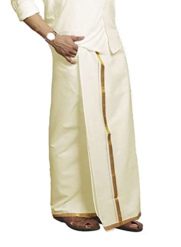 Kolakeer® Men's Easy-To-Wear Welcro Zari Border Cotton Dhoti with Pocket - Double Layer Dhoti with Adjustable Waist Size (Gold, Cream)2