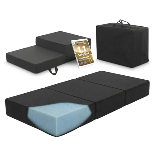 Arensberger Amalia Gästebett Klappmatratze 90x200 cm | 16 cm extra Dicker NANOCELL® Gelschaum | Tagesbett & Bodenmatratze | Faltbare Matratze mit Transporttasche | Camping & Reisebett