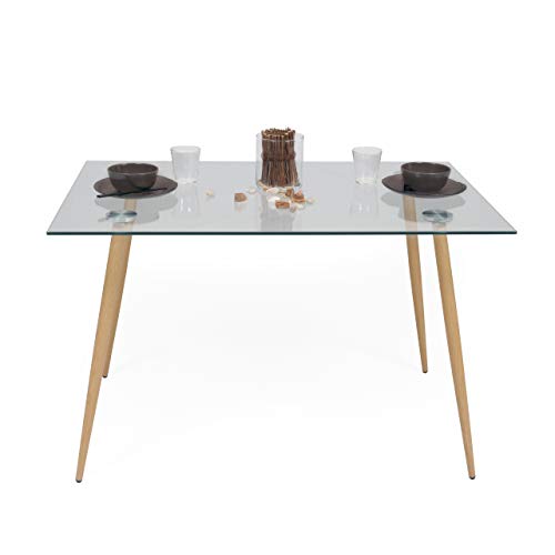 Homely Mesa de Comedor-Cocina Cairo Tapa de Cristal y Patas de Metal símil Madera Color Roble, 120x80 cm