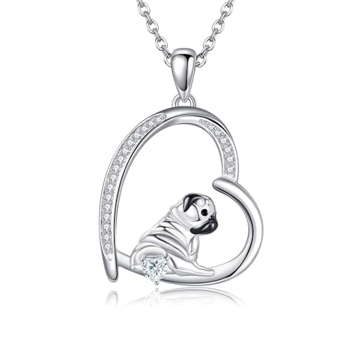 JERWLI Mops Halskette Sterling Silber S925 Schwarzer Mops Anhänger Halskette Schmuck für Frauen Mädchen Mops Geschenke für Mopsliebhaber