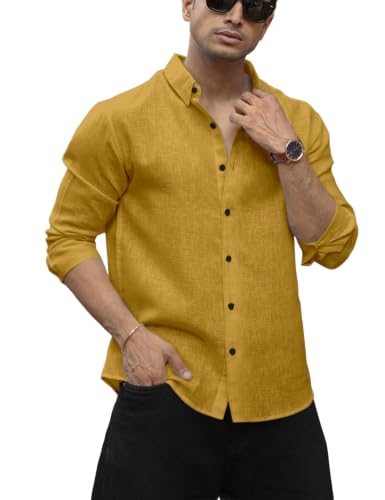 Image of NexaFlair Men's Shirt Regular Fit Solid Pattern Linen Cotton with Long Sleeve Collared Neck Standard Length and Button Down Closure Type | Mens Casual Shirts | Man's Formal Shirts