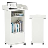 Podium Stand Portable with Wheels, Classroom Lectern for Teacher with Adjustable Storage Shelf, Mobile Rolling Church Pulpits, Office Wooden Reception Desk, Host Stand for School Conference（White）