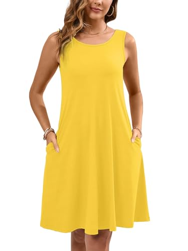 Image of Heymoments Women's Summer Dresses Sleeveless Casual Fashion Loose Swing Button Down Beach Dress with Pockets