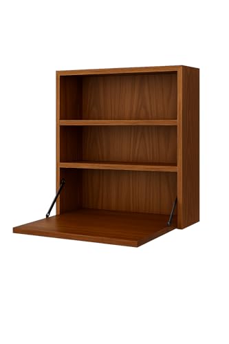 Image of Solid Sheesham Wood Wall Mounted Foldable Study Desk | Honey Finish | Space Saving Writing Table with Shelves | Self Assembly with Screws & Plugs (Honey)