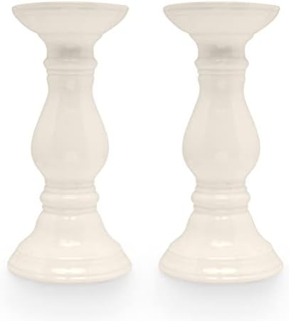 Bonita Home 9" Candle Holder Set | Ceramic Candle Stick Holder - Pillar or Taper Candles | Set of 2 | for Farmhouse, Rustic, Traditional Décor | White