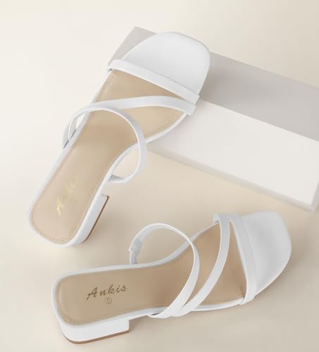 Image of Ankis Black Nude White Strappy Heels Women 1 Inch Low Chunky Block Heel Heeled Sandals Square Open Toe Slip On Slides Mules