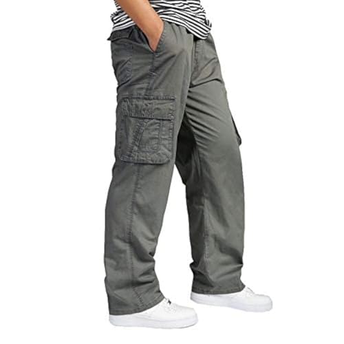 Image of REOUTLOOK Men's Regular‑Fit Cotton Cargo Pants - Elastic Drawstring Waist, 5 Pockets, Breathable Everyday Casual Trousers