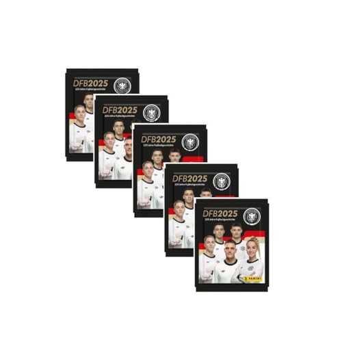 DFB 2025 – Panini – 5x Stickerpackungen | 150 Jahre Fußballgeschichte | Deutsche Ausgabe + Heartforcards® Versandschutz