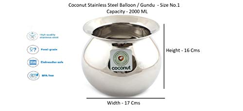 Image of Coconut Stainless Steel Heavy Gauge Pongal Pot | Gundu Balloon Handi | Multipurpose Steel Cooking Vessel | Rust Resistant, Durable Kitchen Pot for Daily & Festival Use (2000ml)