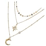 VANZACK Collar de Varias Capas con Colgante de Luna y Estrella Cadena Clavícula Elegante para Mujer Accesorio de Bisutería Chic y Versátil