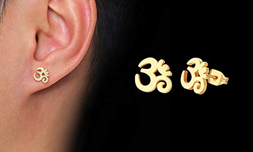 Unisex Buddha Namaste Ohm Om Aum Sanskrit Symbol Stud Earrings Stainless Steel Hindu Yoga Ear Plugs,Gold Plated