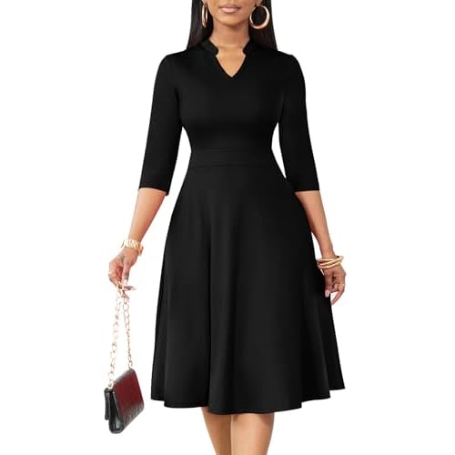 Nmoder Casual Dresses for Women Semi Formal Fit and Flare 3/4 Sleeve A-line Church Work Dress with Pockets