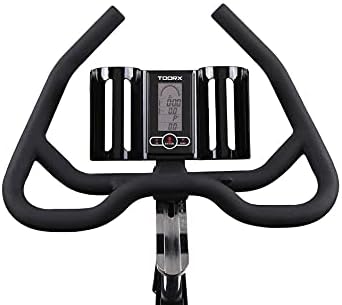 Close-up of the handlebar and LCD console on the Toorx SRX-80 EVO Indoor Cycle.