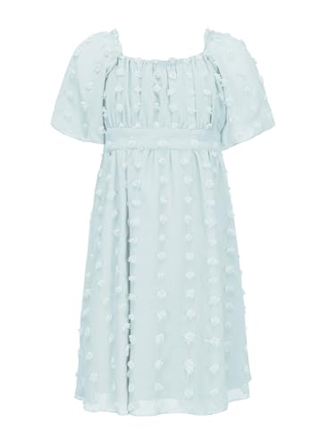EXLURA Girls 2025 Summer Dresses Short Sleeve Swiss Dot Square Neck Flowy A Line Kids Dress Casual Party Midi Dress 6-15Y