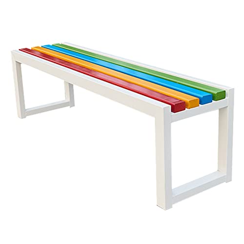 Banc de patio extérieur en acier,Banc de parc de jardin sans dossier robuste,Banc de repos du centre commercial tabouret de chaussures à langer,Structure en acier et assise en lattes de bois massif Cover