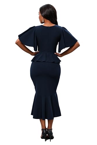 Image of Womens Summer Ruffle Short Sleeve Fishtail Dress Evening Cocktail Formal Peplum Midi Mermaid Dresses Elegant