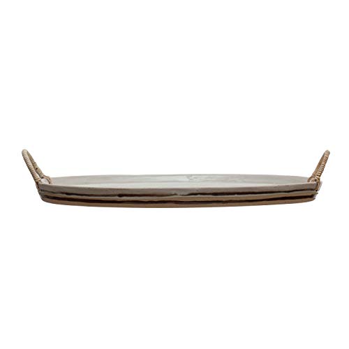 Creative Co-Op Stoneware Platter With Rattan Wrapped Handles, Reactive Glaze, White & Brown (Each One Will Vary) Tray #TOP11