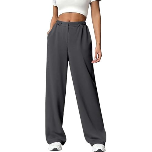 Women's Wide Leg Dress Pants Stretch High Waisted Work Pants Business Solid Casual Fashion Slacks with Pockets Dark Gray L