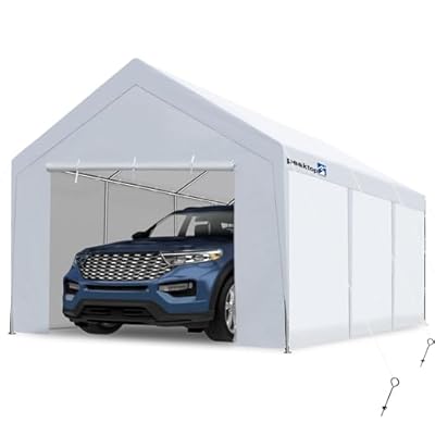 PEAKTOP OUTDOOR 10'x20' Heavy Duty Carport with Removable Sidewalls, Portable Car Canopy, Garage Tent, Boat Shelter with Reinforced Triangular Beams and Ground Bar, White