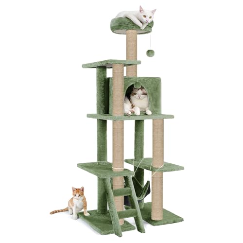 FURRLOVERS Multi-Storey Fur Fabric Kitten Cat Tree - Stairs | Hammock | Condo | Top Perch | Furry Balls | Scratching Posts (Height 60 Inch) (Green)(FURR-57)