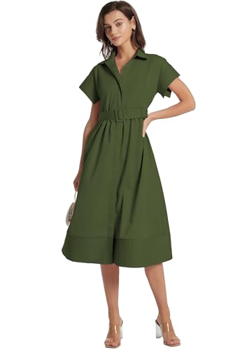 Image of Ladyful Women Casual Button Down Shirt Dress Short Wing Sleeve Buiness Midi Shirt Dress with Belt Elegant Dress