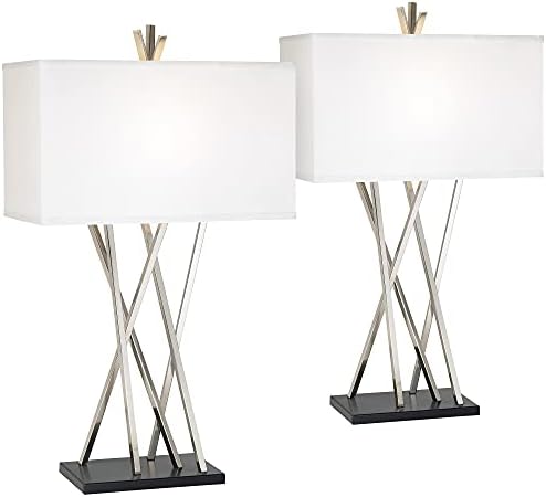 Possini Euro Design Asymmetry Modern Table Lamps 30" Tall Set of 2 Brushed Nickel Black White Linen Rectangular Shade Living Room Bedroom House Bedside Nightstand Home Office Entryway