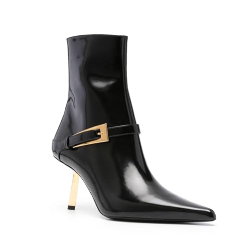 Women's Black Ankle Boots Pointed Toe Stiletto Buckle Boots Patent Leather High Heel Dress Short Boots with Zipper2