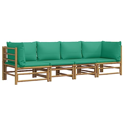 vidaXL 4 Piece Bamboo Patio Lounge Set with Cushions - Comfortable Outdoor Furniture, Easy Assembly, Natural Material, Green Cushion