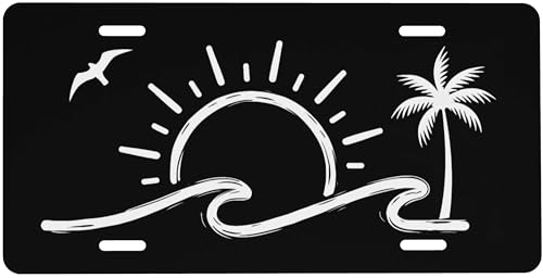 UEQIKI Front License Plate Sunset Palm Tree Seagull Vanity Plates Aluminum Metal Decorative Car Tag Novelty License Plate Cover for Men Women 6 * 12 in (4 Holes)