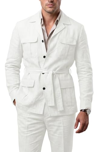 XDIELAN White Mens Linen 2 Piece Suit White Mens Linen Safari Suit Safari Suits for Men Summer Wedding Suits Casual Lightweight Blazer Jacket and Pants Set L