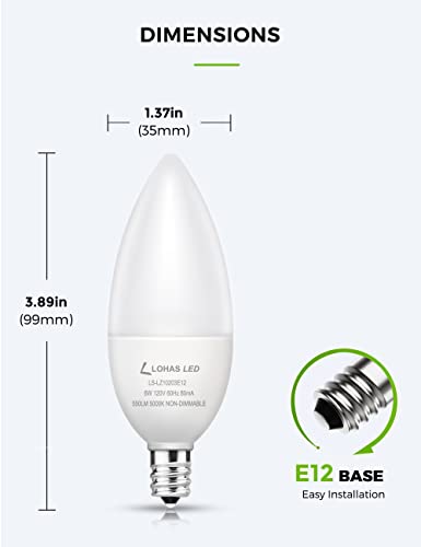 Lohas E12 Led Candelabra Light Bulbs 60 Watt Equivalent, B10 Chandelier Candle Bulbs 5000K Daylight White, 6W Type B Ceiling Fan Bulbs 550Lm, Non-Dimmable, 6 Packs #TOP3