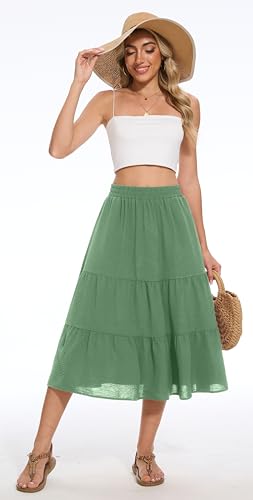 AYIFU Women's Summer Midi Skirt Tiered Flowy High Waist A-Line Elastic Ruffle Casual Skirts with Pockets4