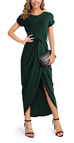 GRECERELLE Women's High Low Irregular Hem Slit Front Casual Fit Maxi Dress with Belt Dark Green-L