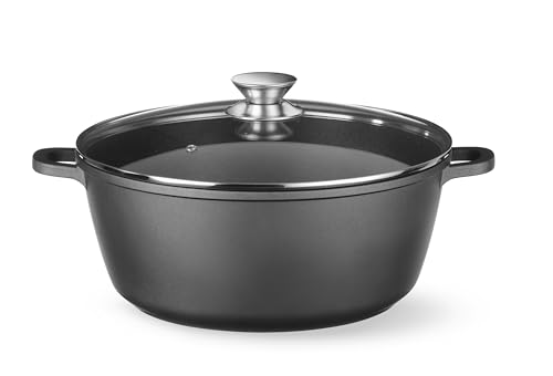 HENDI Cocotte en fonte d'aluminium avec revêtement antiadhésif, 7,5L, Casserole avec couvercle, Marmite pour toutes les sources de chaleur incl. induction, Four jusqu'à 250°C, 387x310x(H)130mm, noir