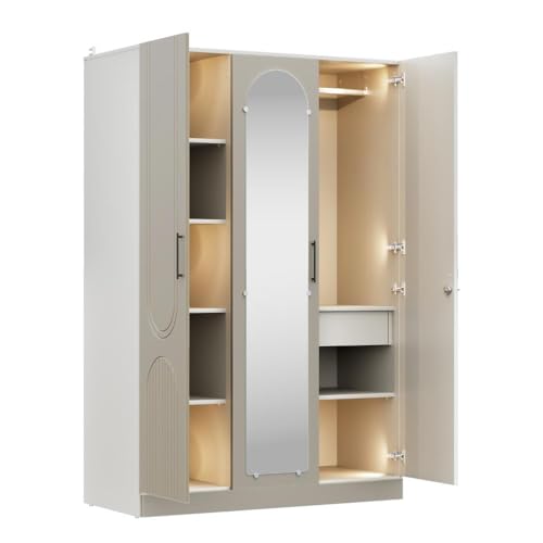 Image of Wakefit Wardrobe for Bedroom | 3 Yr Warranty | Cupboard for Bedroom, Almirah, Wooden Wardrobe, Comes with LED light, Storage Drawer, Mirror & Hanger, Density:680-750kg /m, Free Installation(Tyrian-CB)