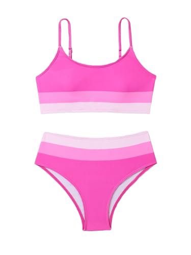 Milumia Girl's 2 Piece Color Block Swimsuits Spaghetti Strap High Waist Bikini Sets