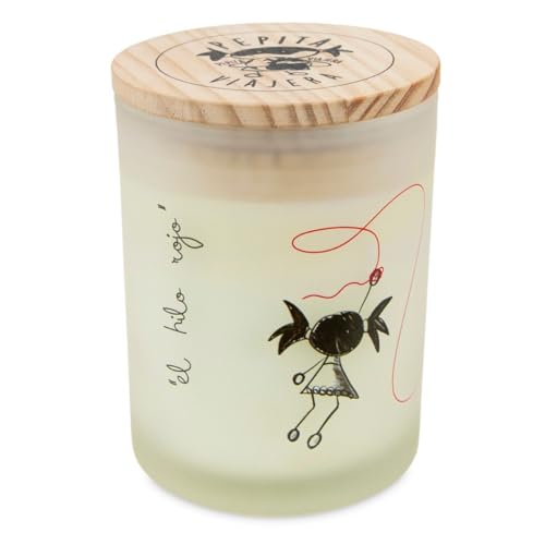 PEPITA VIAJERA Vela Aromática de Soja con Tapa de Madera, Hilo Rojo del Destino, Regalo Romántico para Pareja, Mujer o Amistad, Vela Decorativa para Hogar y Momentos de Relax.