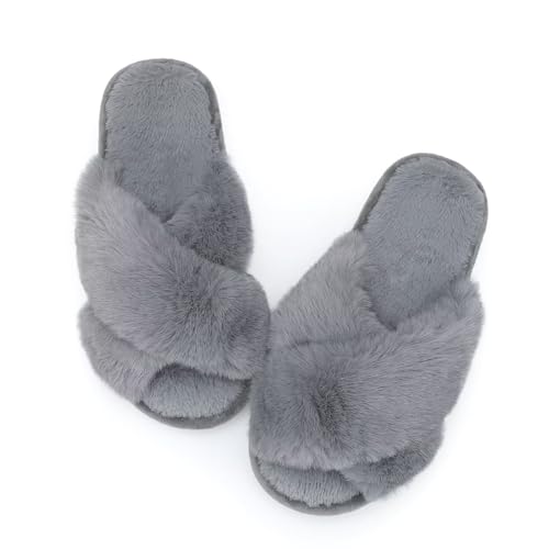 Women's Fluffy Slippers Cross Band Bedroom Slippers with Memory Foam Fuzzy House Open Toe Shoes Comfy Indoor Outdoor Anti-Skid Sole2