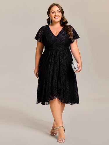 Image of Ever-Pretty Plus Women's Summer V Neck Short Ruffles Sleeves Lace Midi Plus Size Cocktail Party Formal Dresses