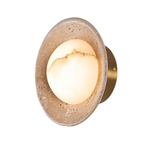 HUAYUSEDF G9 Base Round Wall Lamp Shade, Creative Yellow Travertine Marble Light, French Industrial Style Single-Head Sconce, Living Room Dining Entrance Decorative Fixtures