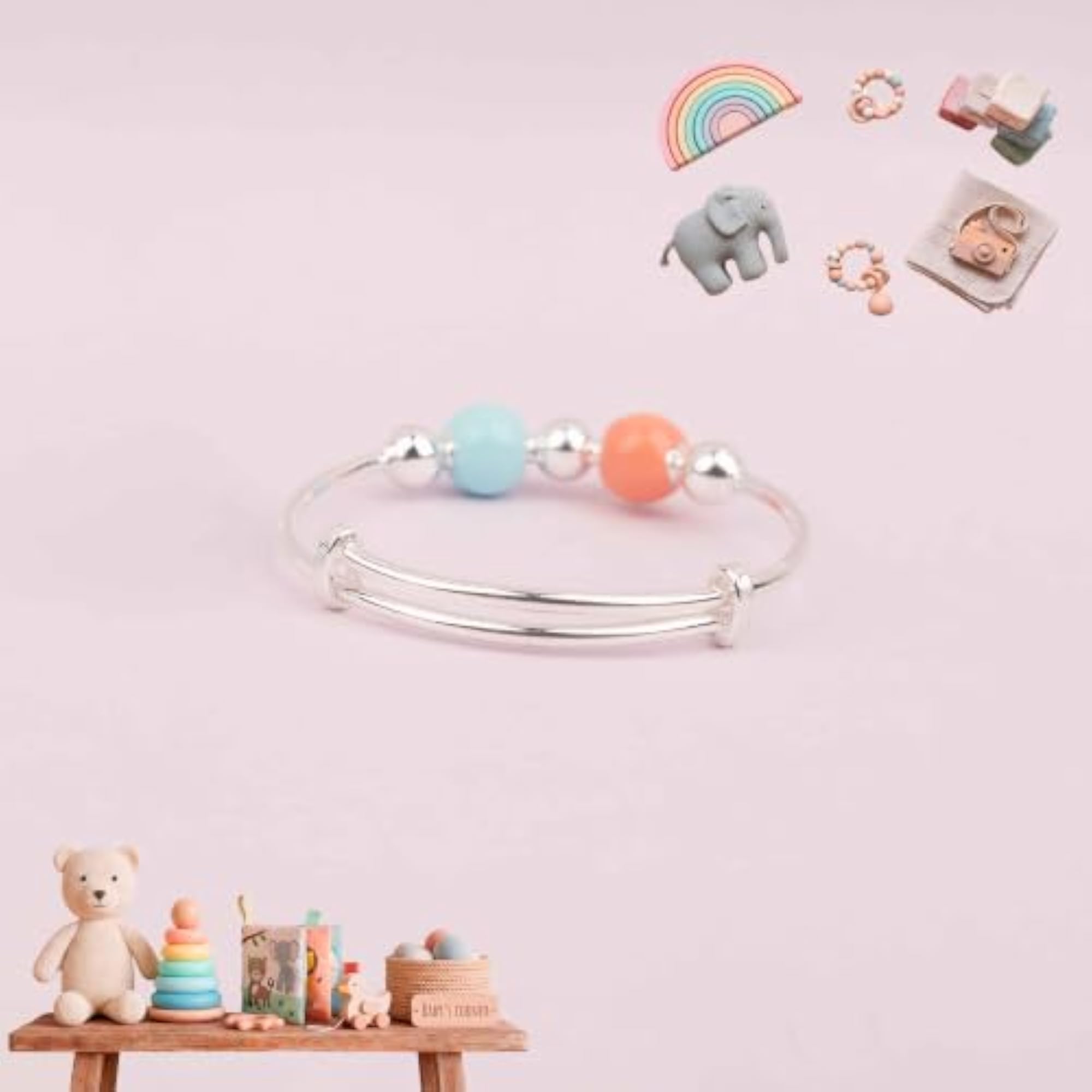 Adjustable 925 Silver Bangle for Baby Girl, Evil Eye Duo