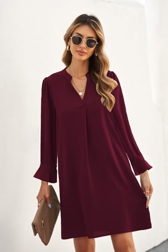 Image of Wkior Womens Fall Ruffle Long Sleeve V Neck Shift Dresses (S-XXL)