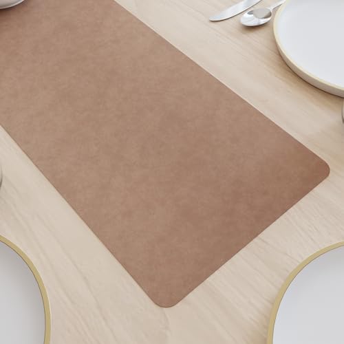 Image of Encasa XO Leather Dining Table Runner | Water & Heat Resistant Double-Layer Runners with Suede Top | Wipeable & Durable Table Runner for Centre Table | 30x85 cm - Taupe