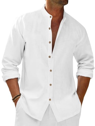 Mens Casual Linen Shirts 3/4 Sleeve Button Down Banded Collar Summer Beach Shirt