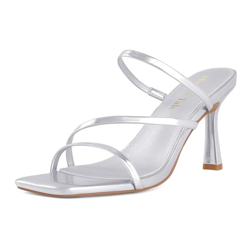 Image of Shoe'N Tale Strappy Kitten Heels For Women Stiletto Mules Square Open Toe Slip On Sandals