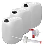 3er Stück Set: 30L Getränke- Wasserkanister Natur mit Hahn, Schraubdeckel und flexiblem Ausgießer (DIN 61) | Lebensmittelecht | Tragbar | Indoor und Outdoor | BPA Frei